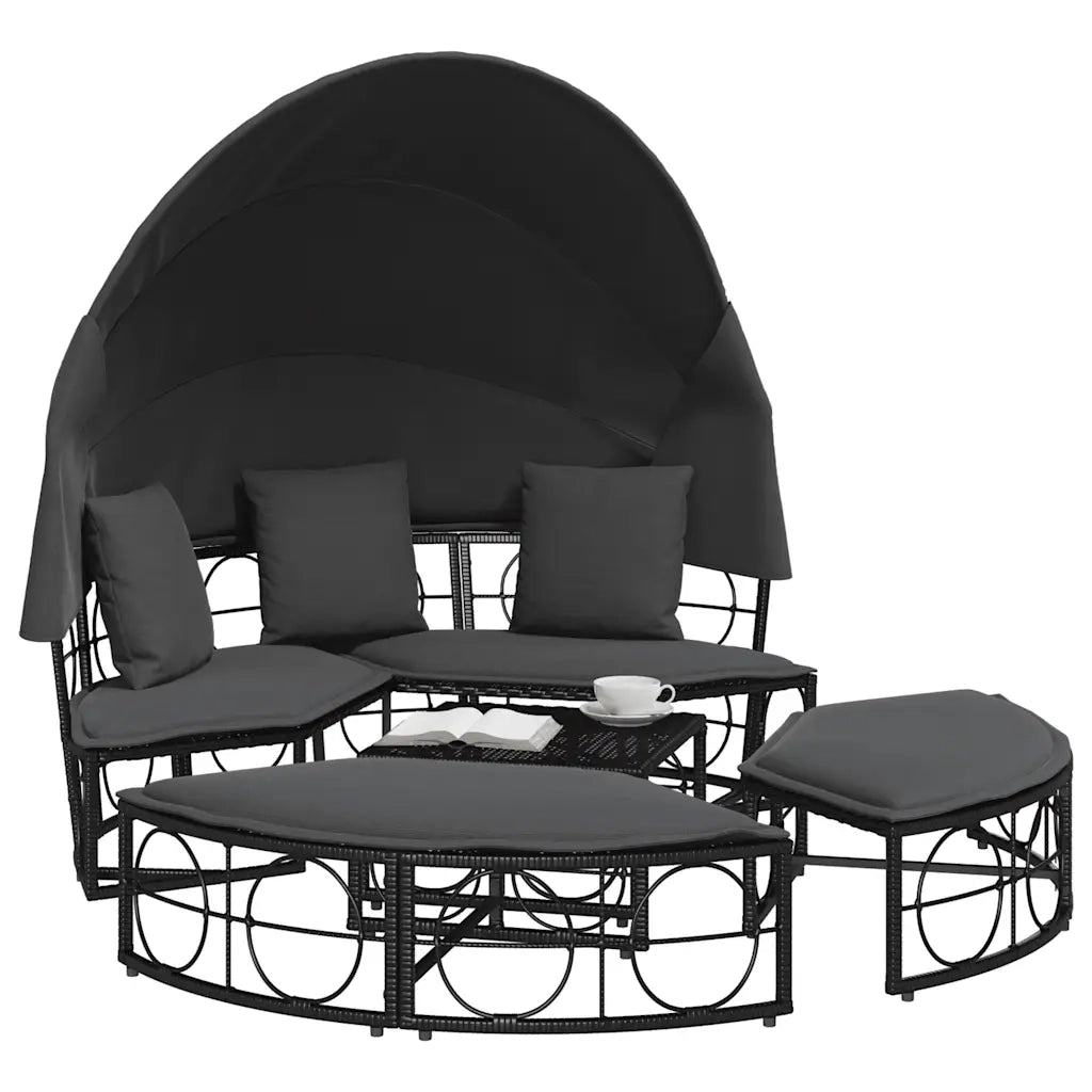 Lettino Prendisole Esterno Tetto e Cuscini Nero in Polyrattan