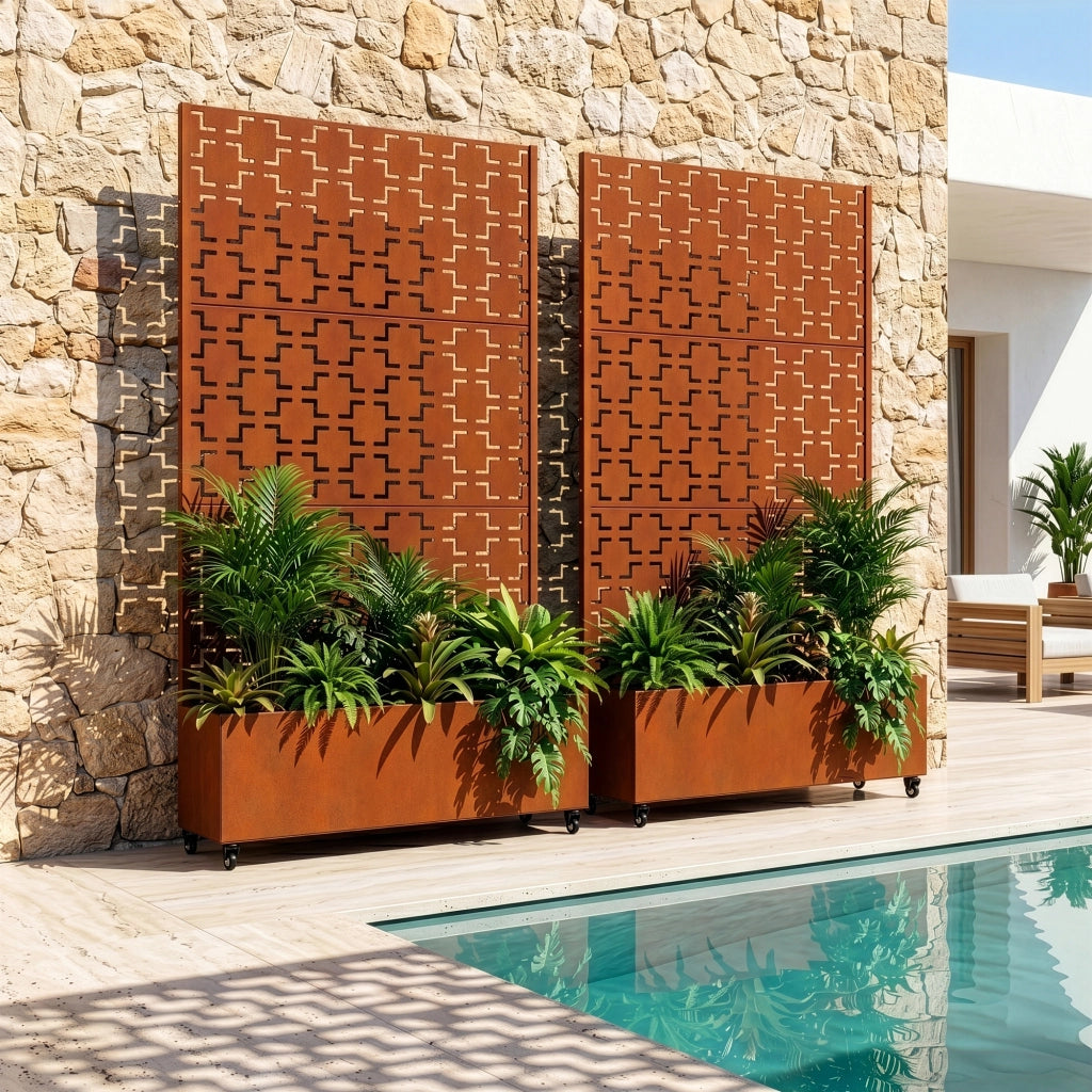 Fioriera con Spalliera Aaskis a Rotelle in Acciaio Corten 190 x 82 x 38 cm - Marrone Ossidato casa.pro