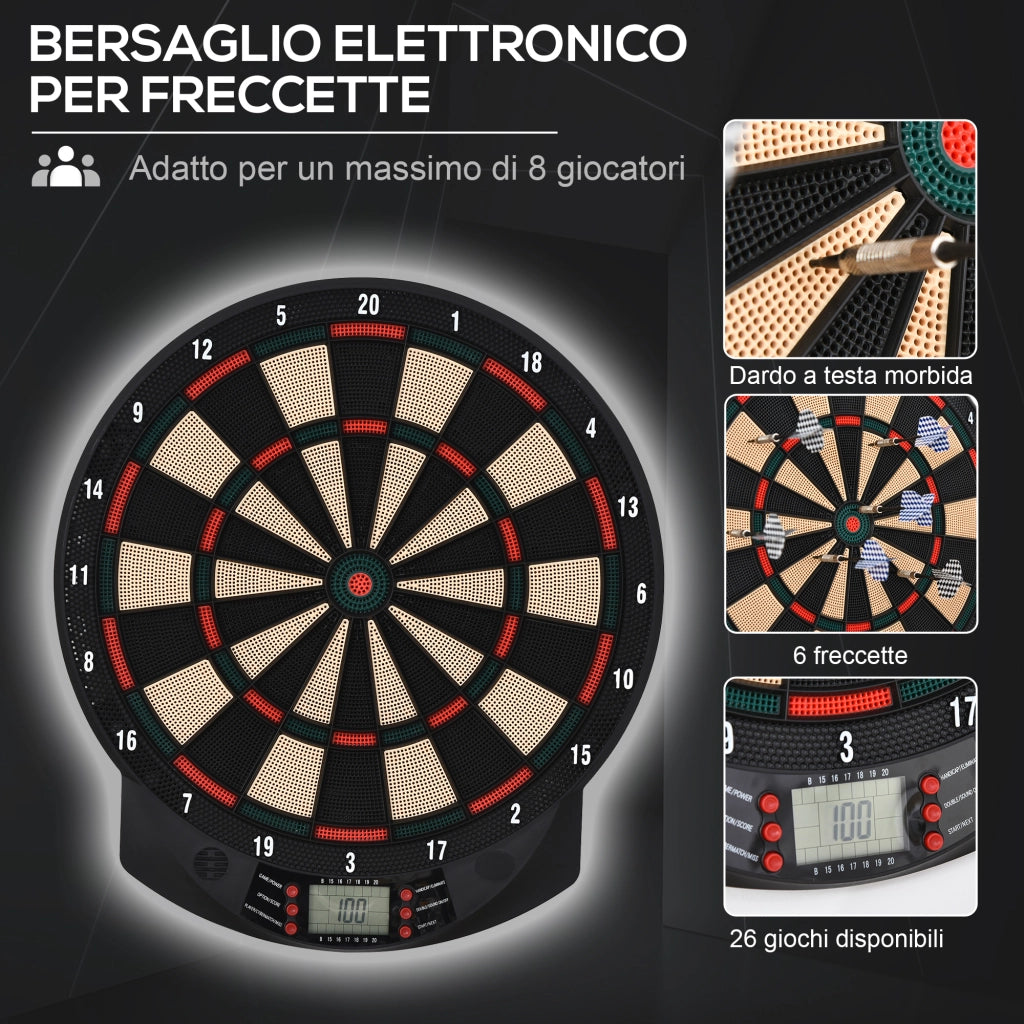 Bersaglio a freccette elettronico in PP con 6 Freccette e Tabellone segna Punti, 44x39.5x 2.2cm, Nero