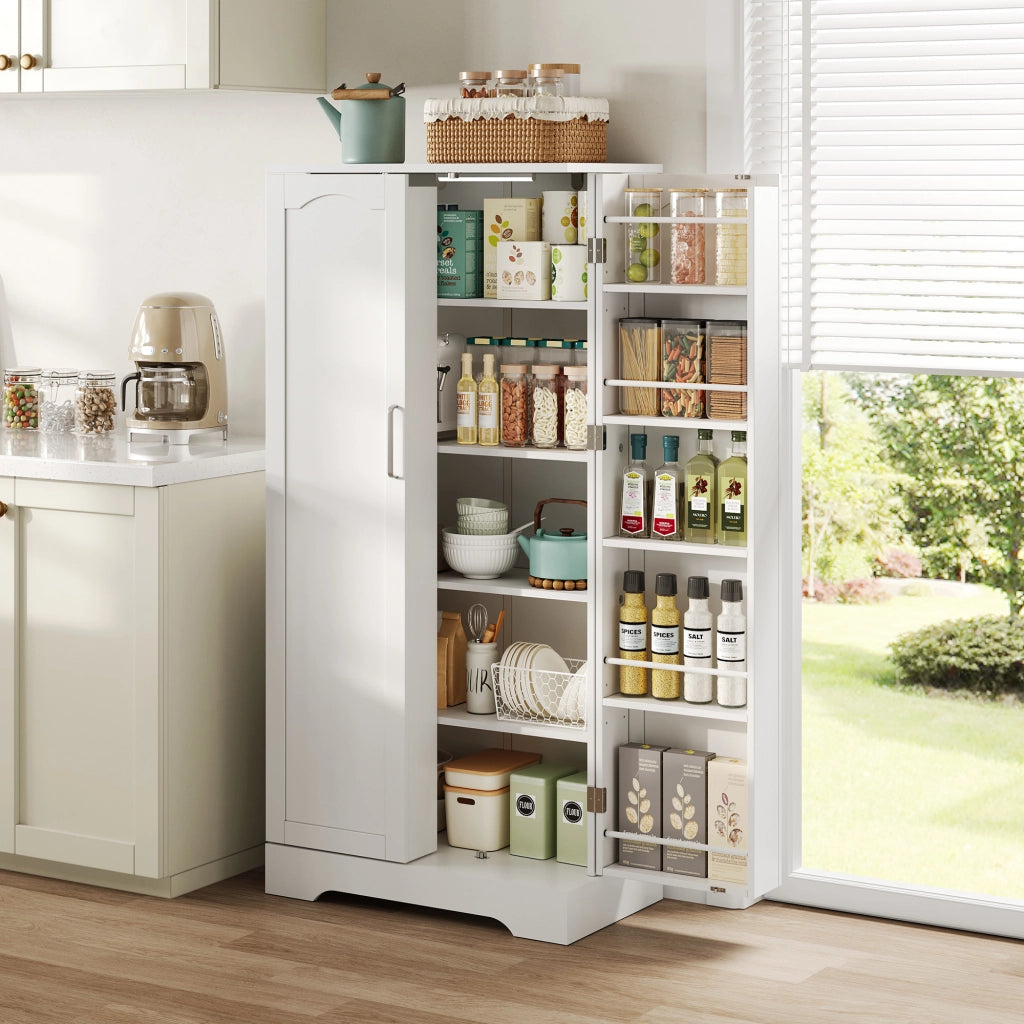 Credenza cucina compatta 60×35×128 cm bianca con luce LED sensore, ripiani regolabili e 1 collo