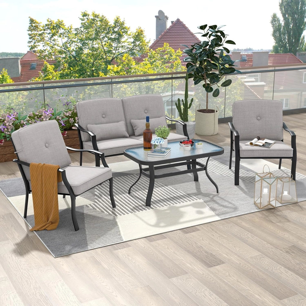 4 Pezzi Set di Mobili da Giardino, con Cuscini e Tavolino in Vetro Temperato, Struttura in MetalloSet di Divani da Esterno per Giardino Cortile e Piscina (Grigio)
