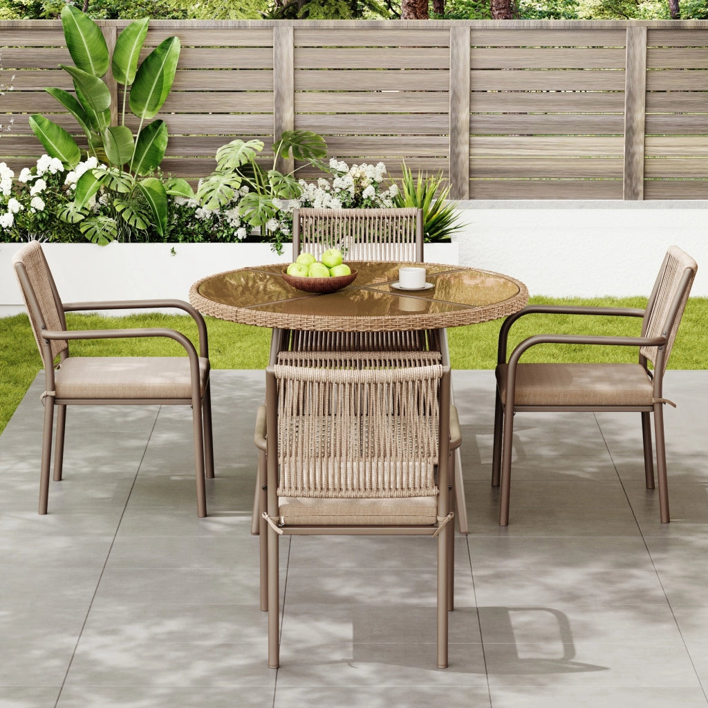 Set Tavolo Rotondo in Vetro e 4 Sedie con Braccioli in Polyrattan ¨C MINIMAL ¨C Ferro, Giardino/Balcone