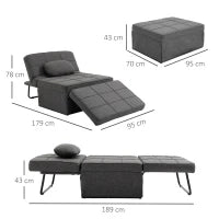 Poltrona Letto 4 in 1 con Schienale Regolabile e Cuscino in Tessuto Effetto Lino, 95x179x78 cm, Grigio
