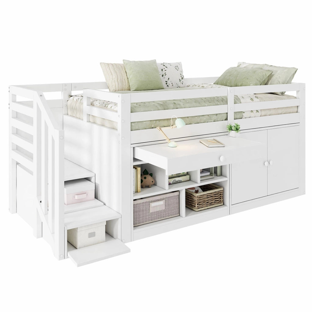 Letto multifunzionale in legno massello 90x200 cm bianco con scala, spazio contenitore e cassetti trasformabili in scrivania