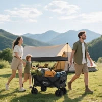 Carrello da Giardino 110L con Maniglia Telescopica e Tettuccio in Acciaio e Tessuto Oxford, Nero