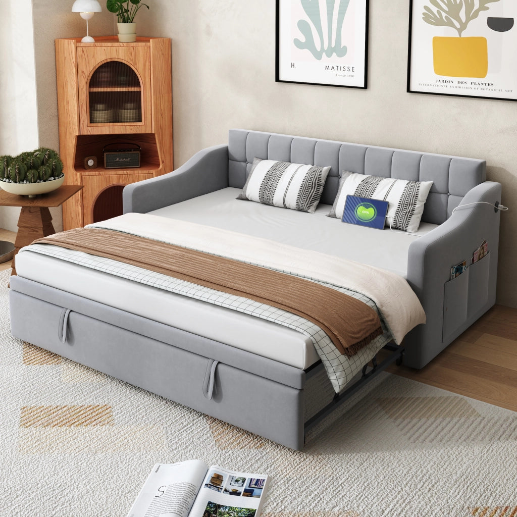 Letto divano 2 in 1 imbottito velluto grigio chiaro 90x190 cm