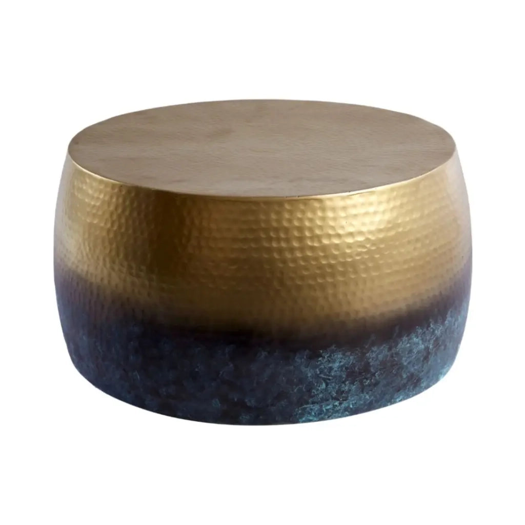 Tavolino basso TRIANE 60 cm in alluminio dorato e blu – Tavolino basso rotondo design effetto martellato