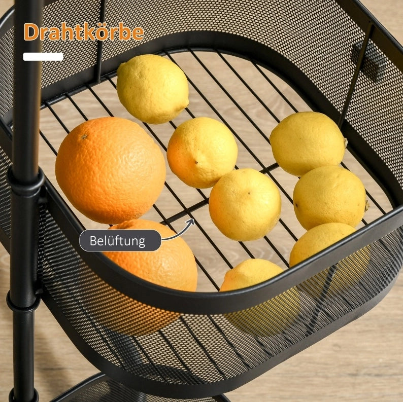 Carrello cucina con 4 ripiani girevoli e ruote, nero, 33x33x77 cm
