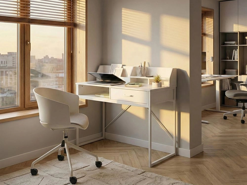 Scrivania da ufficio MDF bianco e gambe in metallo 110 x 50 cm Cassetto Ripiano aperto Scandinavo