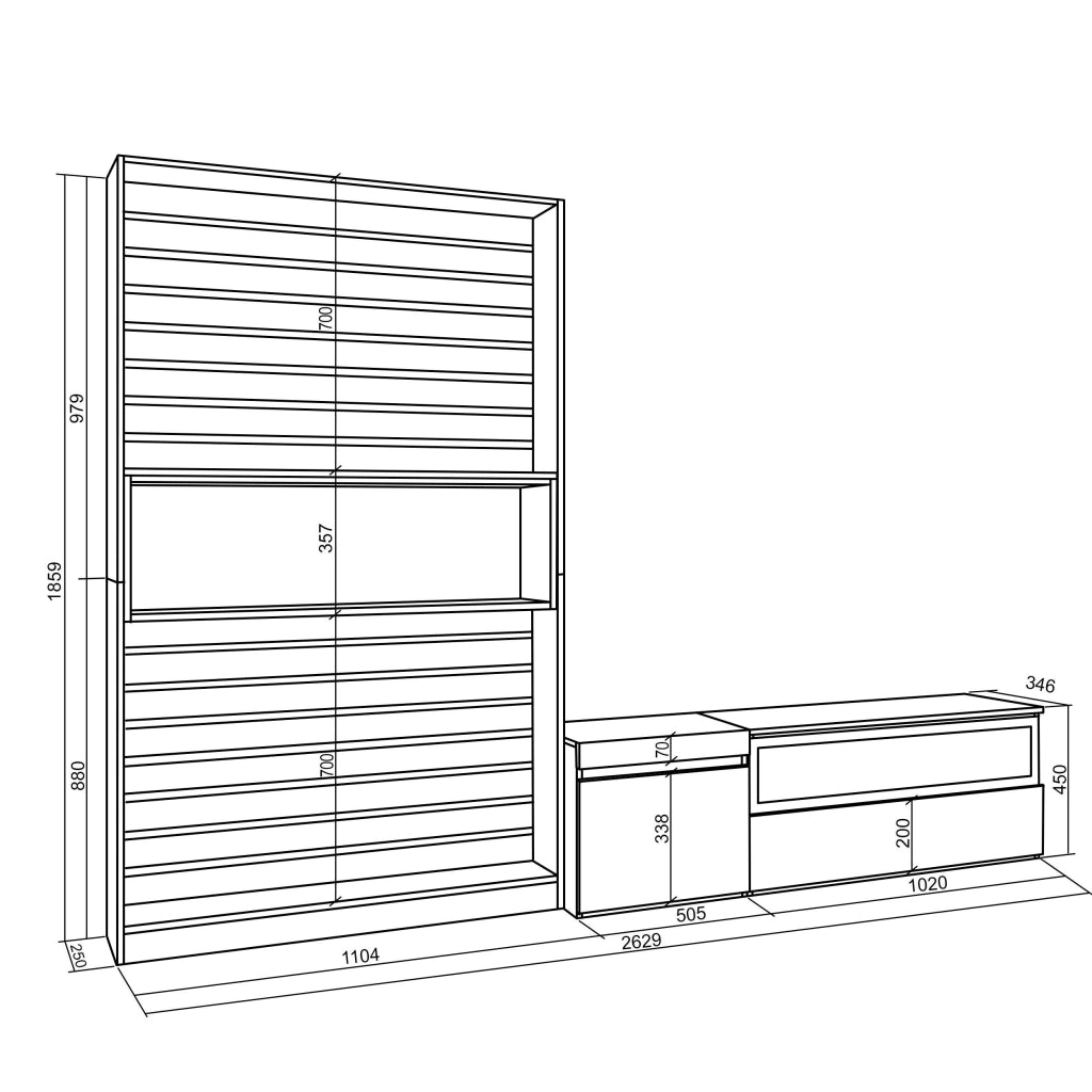 Mobile TV, Soggiorno, 260x35x186cm, Per TV fino a 65", Camino elettrico, colore Rovere e nero RF3157