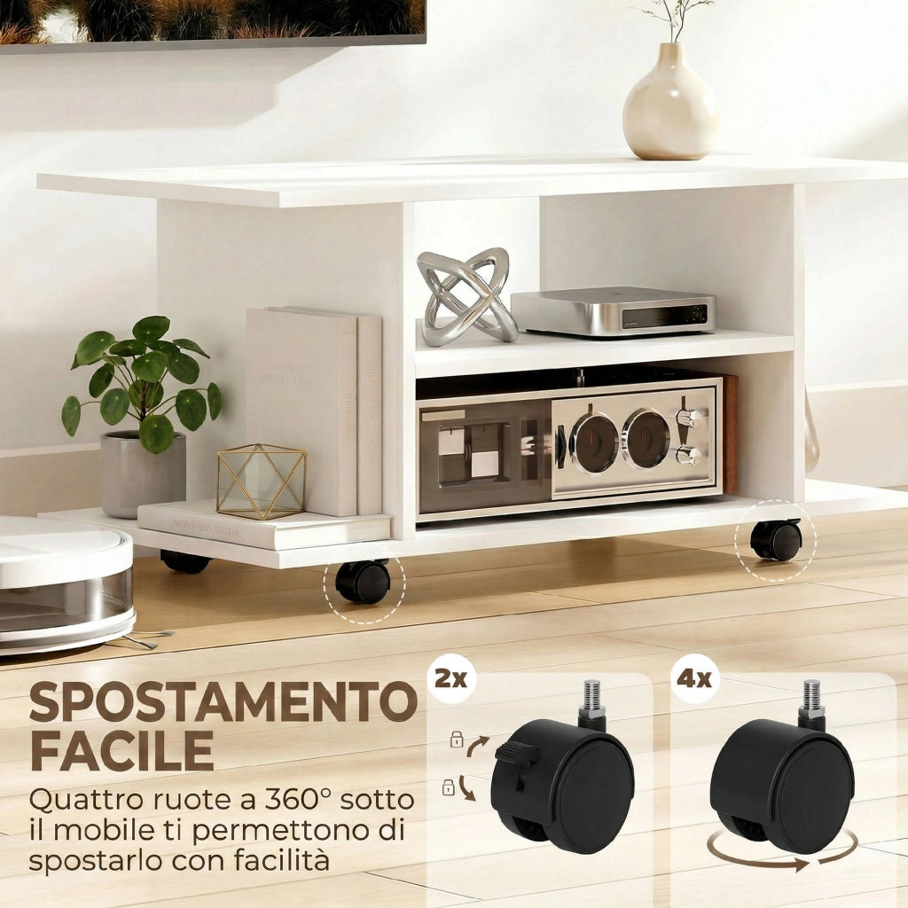 Mobile Porta TV Moderno con Ripiani. Ruote Girevoli e Freni. 80x40x40 cm. Bianco