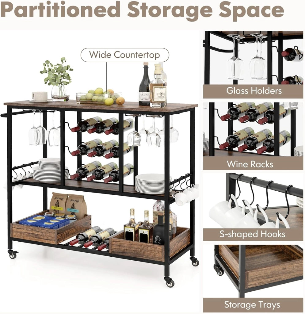 Carrello da Cucina con Ruote, Carrello di Servizio con Portabottiglie, Portabicchieri Ganci, Carrello Portaoggetti a 3 Ripiani per Bar, Casa, Cucina, 108 x 40 x 91 cm (Marrone)