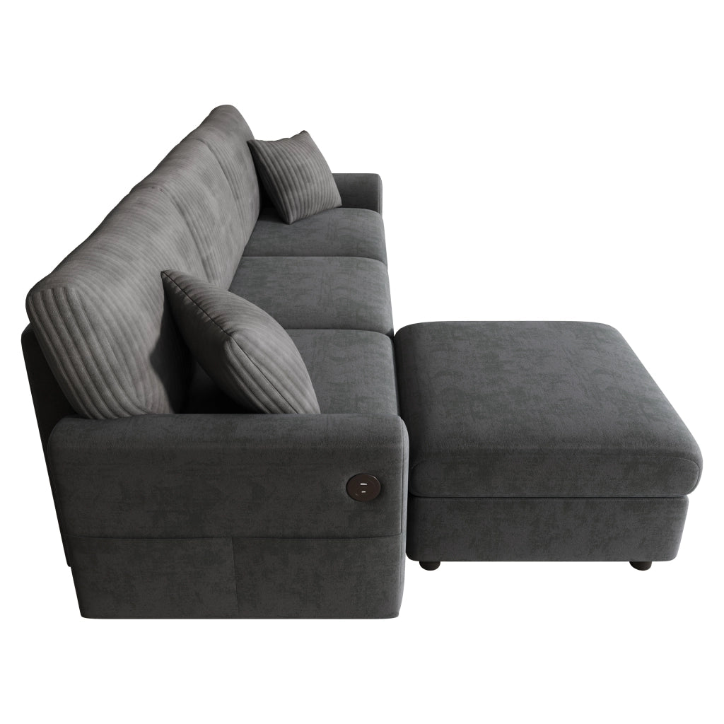 Divano Convertibile con 1 Porta USB, 1 Porta Type-C, Pouf, 2 Cuscini, in Chenille e Velluto a Coste, Grigio