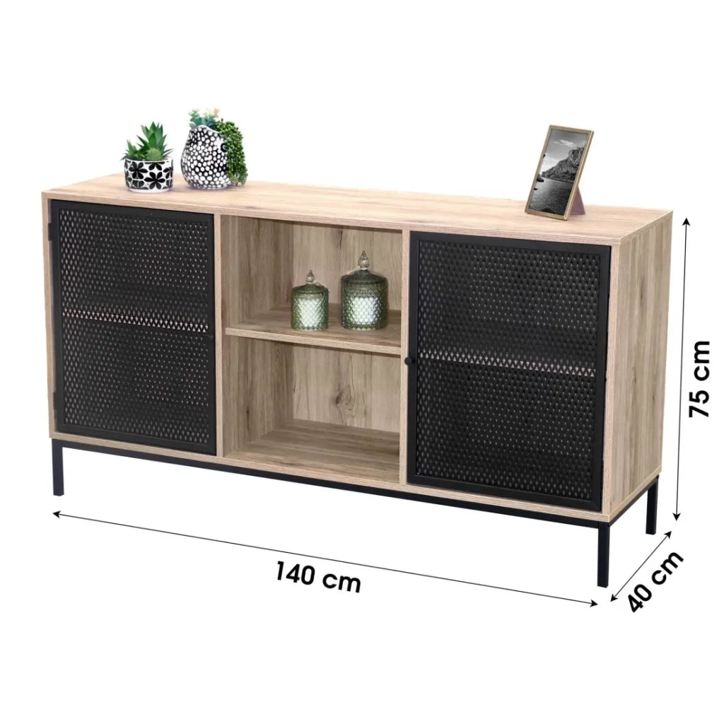 Buffet a 2 ante con griglia in metallo nero - Colore rovere chiaro, dimensioni 100x40xH75 cm - Collezione METALIX