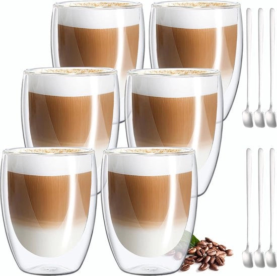 Set di Cappuccino Latte Macchiato Tazze in Vetro - 6 pezzi - 350ML Tazze in Vetro a Doppia Parete - Resistenti al Calore
