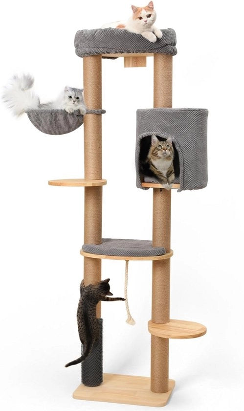 Torre per gatti da parete 188 cm - supporto per gatti - paletta di juta - gru per gatti - appartamento per gatti - struttura in legno di gomma massiccio