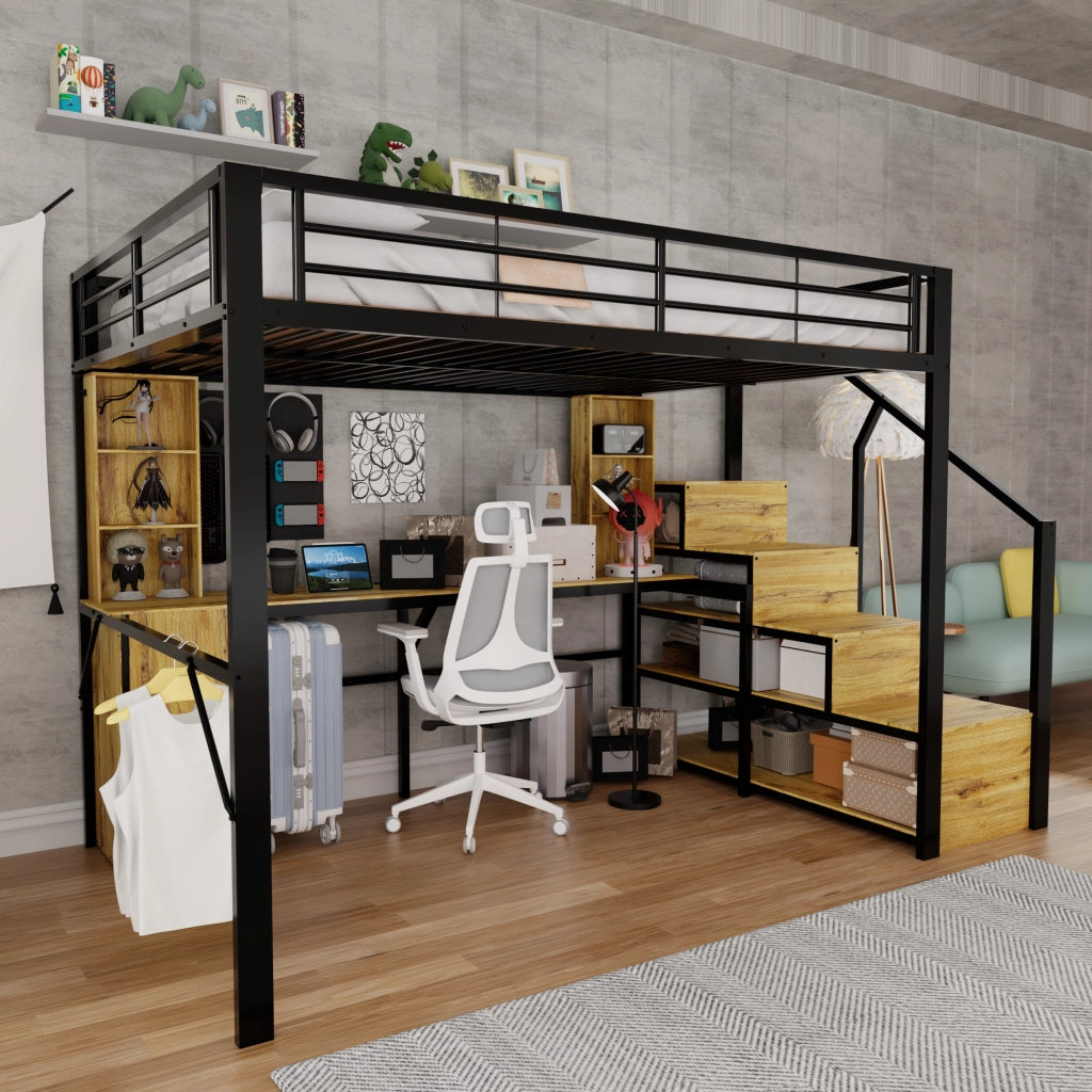 Letto a soppalco 140x200 cm con scrivania; contenitore e USB in metallo e MDF nero