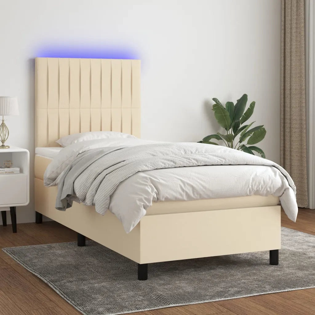 Letto singolo | Letto per adulti | Letto a Molle con Materasso e LED Crema 80x200 cm in Tessuto