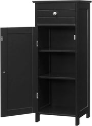 Armadietto da Bagno Autoportante 35x30x87cm, con Cassetto Anta Ripiani Regolabili a 7 Livelli, Mobiletto Bagno Salvaspazio Multiuso, con Dispositivo Antiribaltamento (NERO)