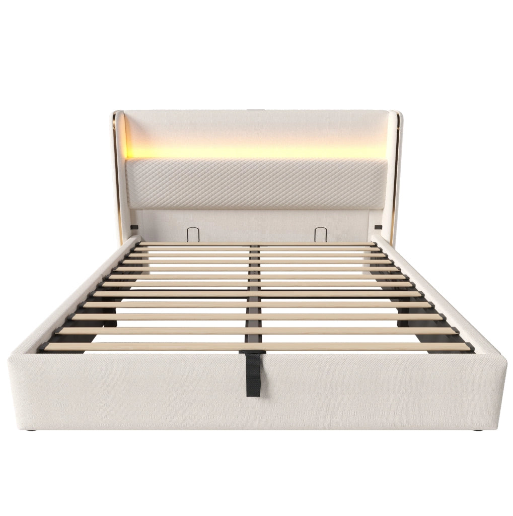 Letto 160x200 cm con contenitore; LED e prese USB/Type-C in lino beige