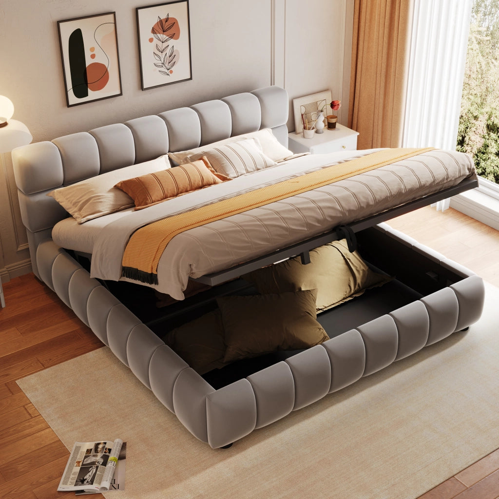Letto imbottito contenitore ¨C Minimal ¨C Grigio velluto 140x200 cm idraulico