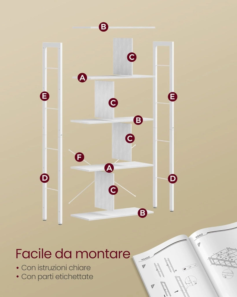 VASAGLE Libreria, Scaffale Portaoggetti a 5 Ripiani, Organizzatore per Studio Ufficio, con Scomparti Aperti per Soggiorno, in Stile Industriale, Bianco Acero e Bianco Nuvola LBC012W44