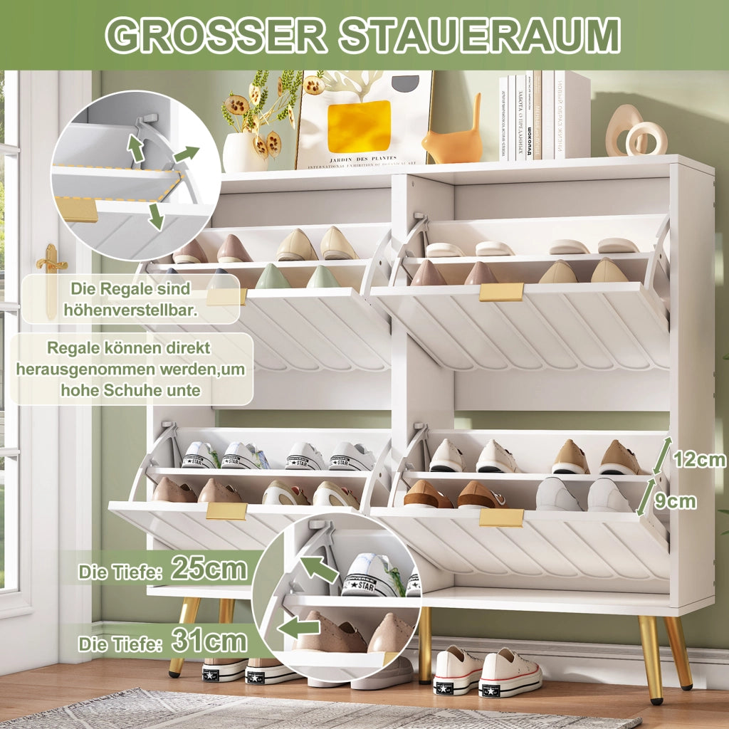 Scarpiera con 4 ante e vani regolabili, design moderno con frontali ondulati, per ingresso, bianco, 100 × 24 × 91.5 cm