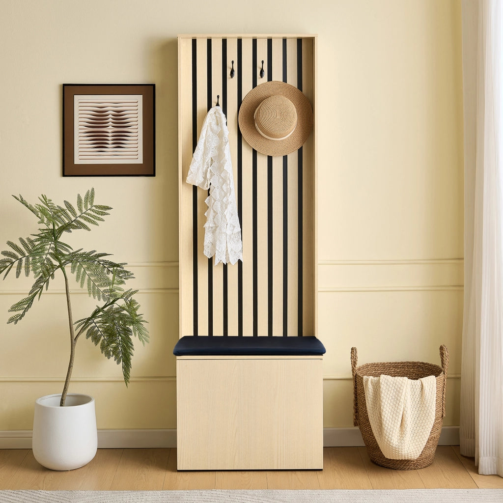 Mobili da ingresso con panca e vano portascarpe con 4 ganci, in MDF, color legno, 61 × 35 × 179,5 cm