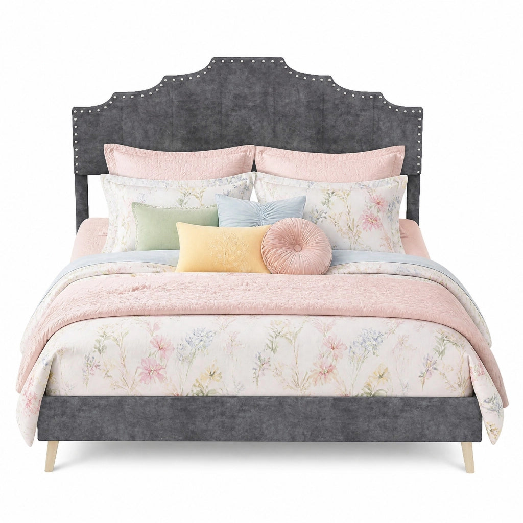 Letto matrimoniale imbottito 140x200 cm con testiera geometrica; tessuto grigio