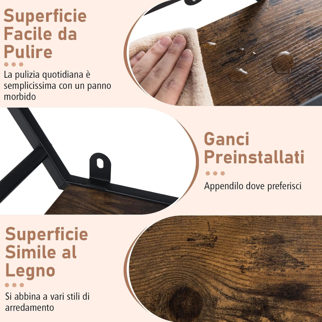 Mensola da Muro, Mensole Esagonali Industriali a 3 Livelli con Ganci e Struttura in Metallo, Mensole Galleggianti per Camera da Letto, Soggiorno e Cucina, 80x18x69,5 cm (Stile 1)