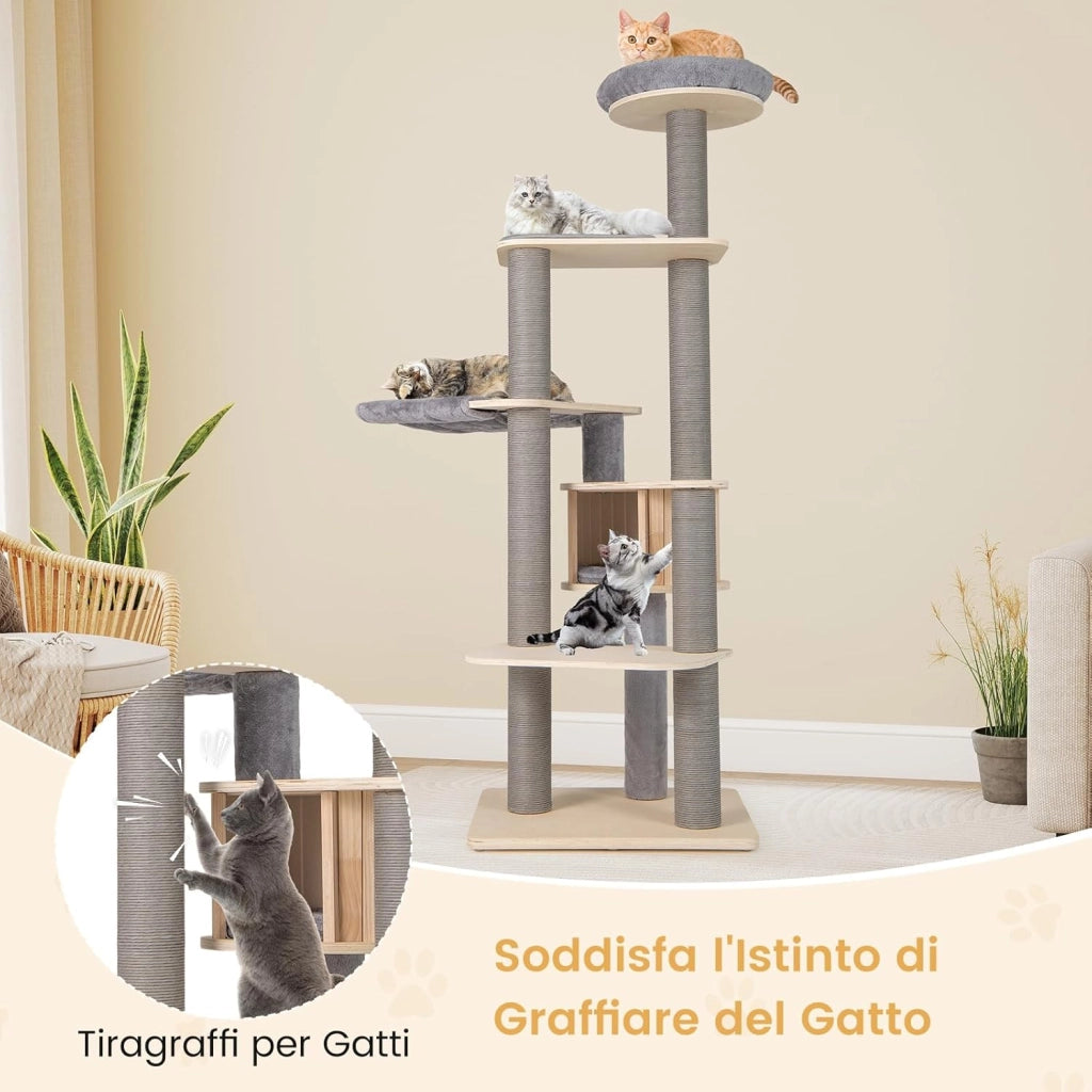Albero per Gatti Alto 197 cm, Tiragraffi per Gatti con Comodo Trespolo Imbottito Superiore, Condominio Privato per Gatti, Materassini Staccabili, Pali per Graffiare e Amaca Confortevole