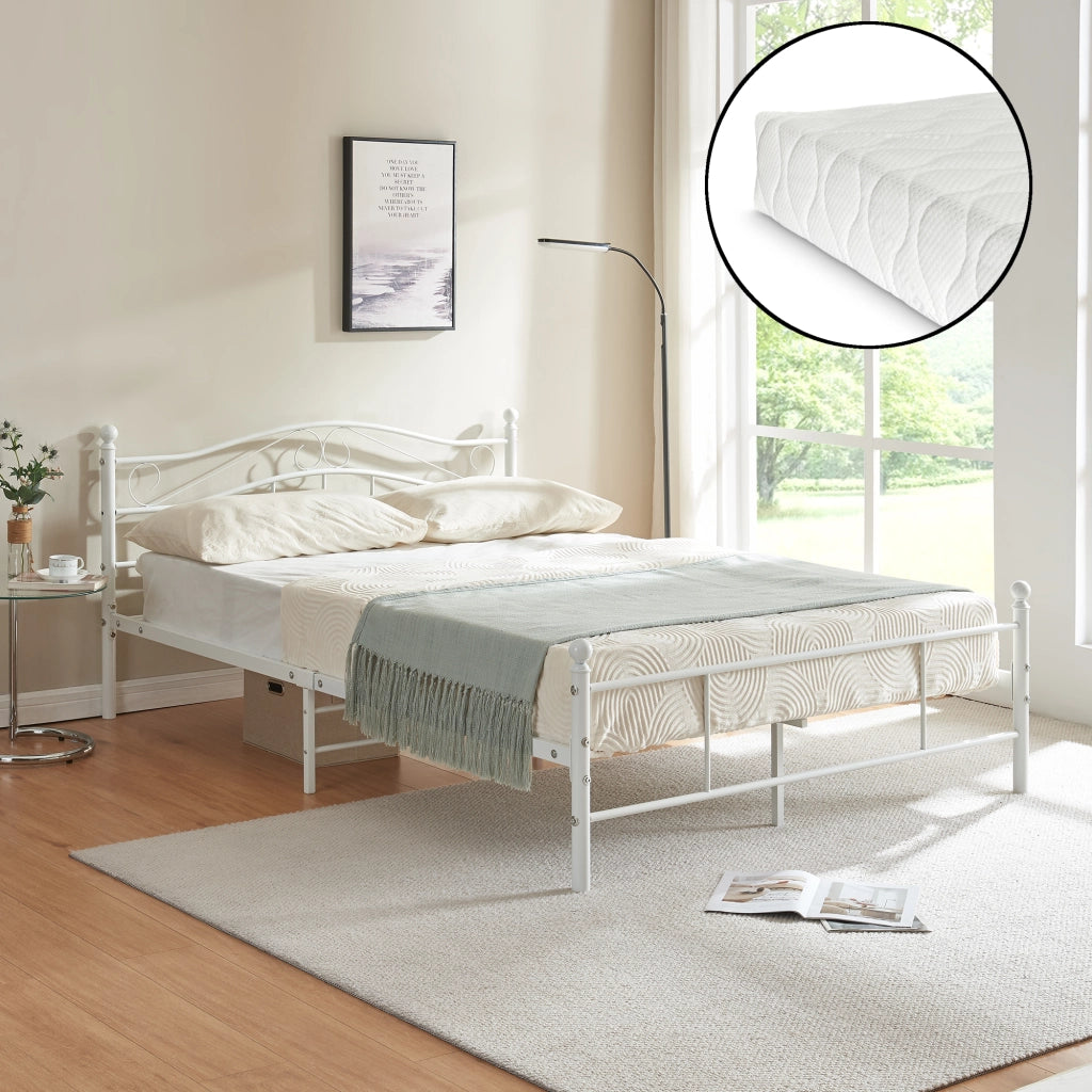 Letto Francese Florenz in Acciaio con Testiera Decorativa e Materasso 140 x 200 cm Bianco [en.casa]