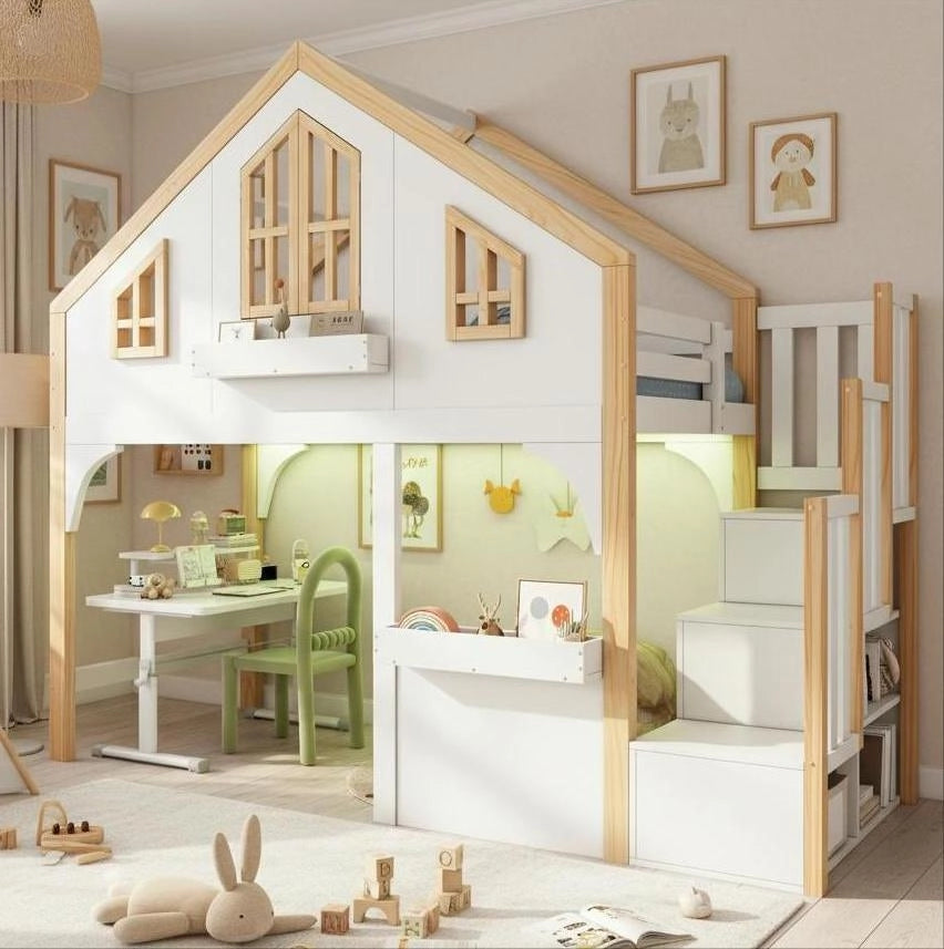 Letto a soppalco per bambini 90x200 cm con scala contenitore e LED