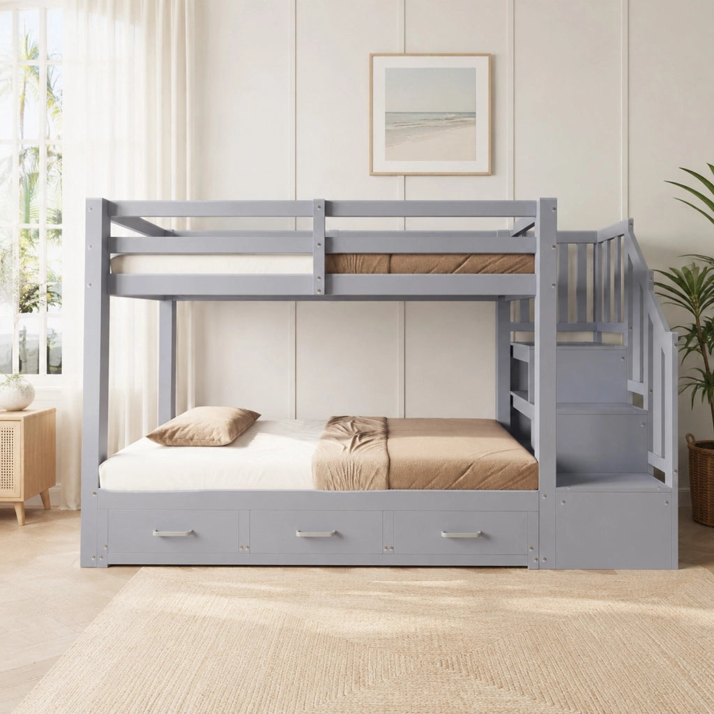 Letto a castello multifunzione con letto estraibile 90/200 cm; 3 cassetti; grigio