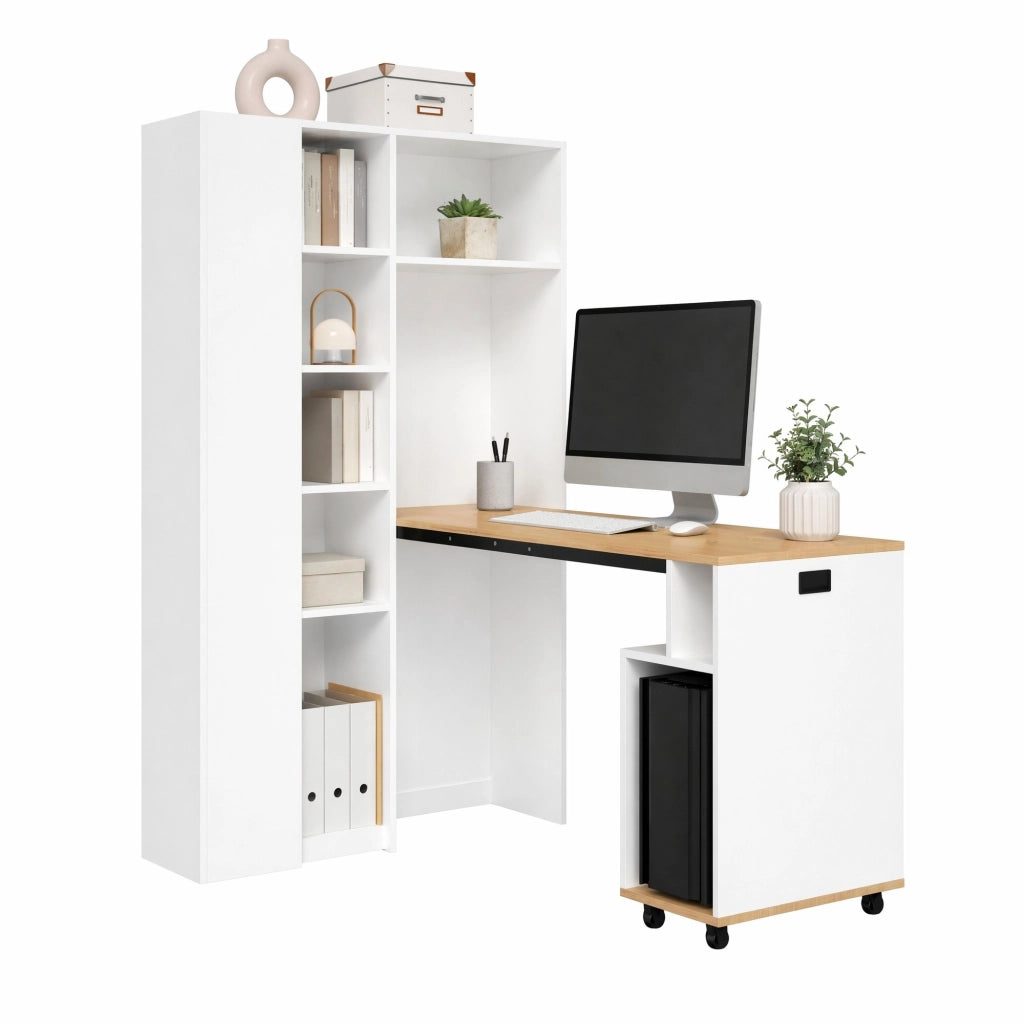 Scrivania pieghevole multifunzionale con libreria; prese USB - per studio - 104.5×30.5×160 cm - bianco