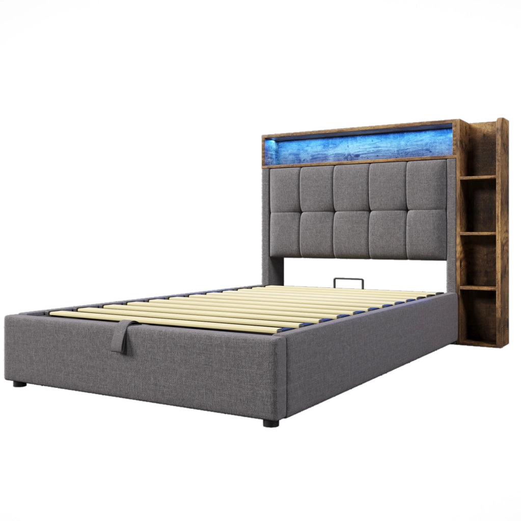 Letto imbottito 90x200 cm con USB; LED e contenitore in lino e MDF grigio