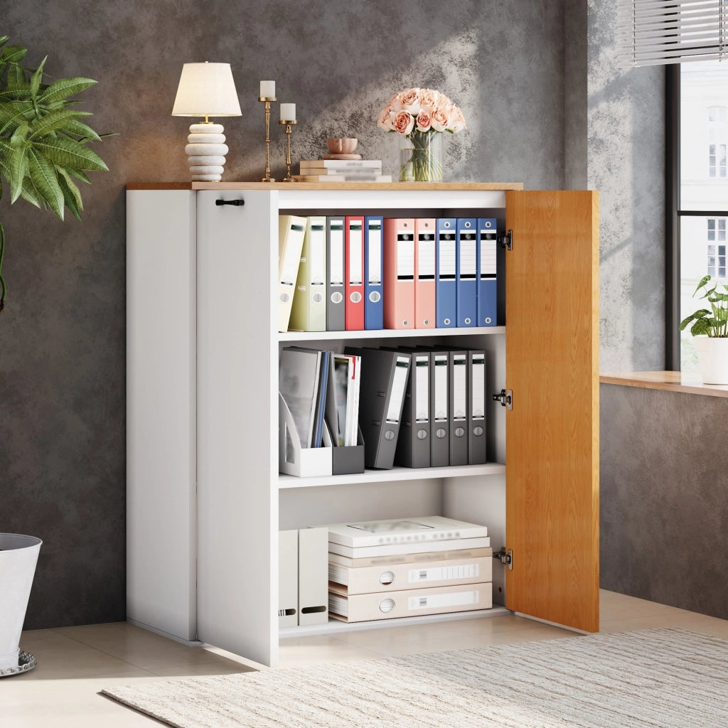 Armadio per ufficio in MDF con cerniere soft-close e frontale a lamelle bianco e rovere 80 × 40 × 110 cm