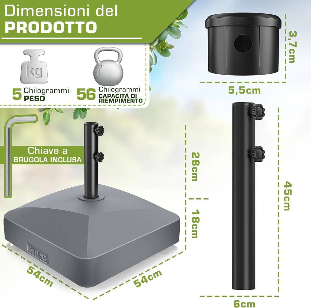 tillvex® Base per ombrellone GRAVIA e Ruote e Freni | Zavorra ombrellone riempibile 37L/56kg | Piedistallo per ombrelloni Giardino e Mercato Ø1,8-3,7m | Resistente a intemperie e UV (Antracite)