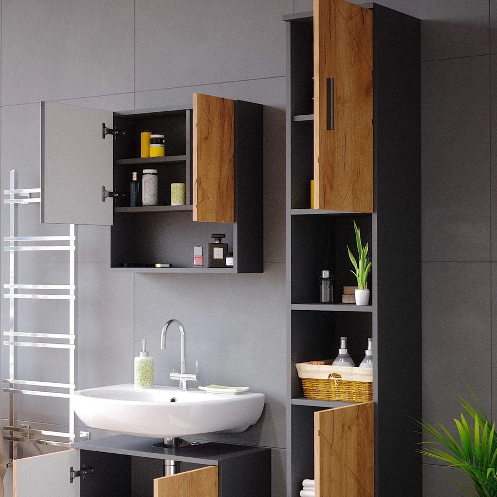 Set di mobili da bagno Irma Rovere dorato/Antracite 2 parti, con colonna Vicco