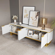 OKWISH Mobile TV con 4 Ante, Passacavi e Vano Aperto, Motivo Geometrico, per Soggiorno, MDF, Bianco, 160×37,5×48 cm