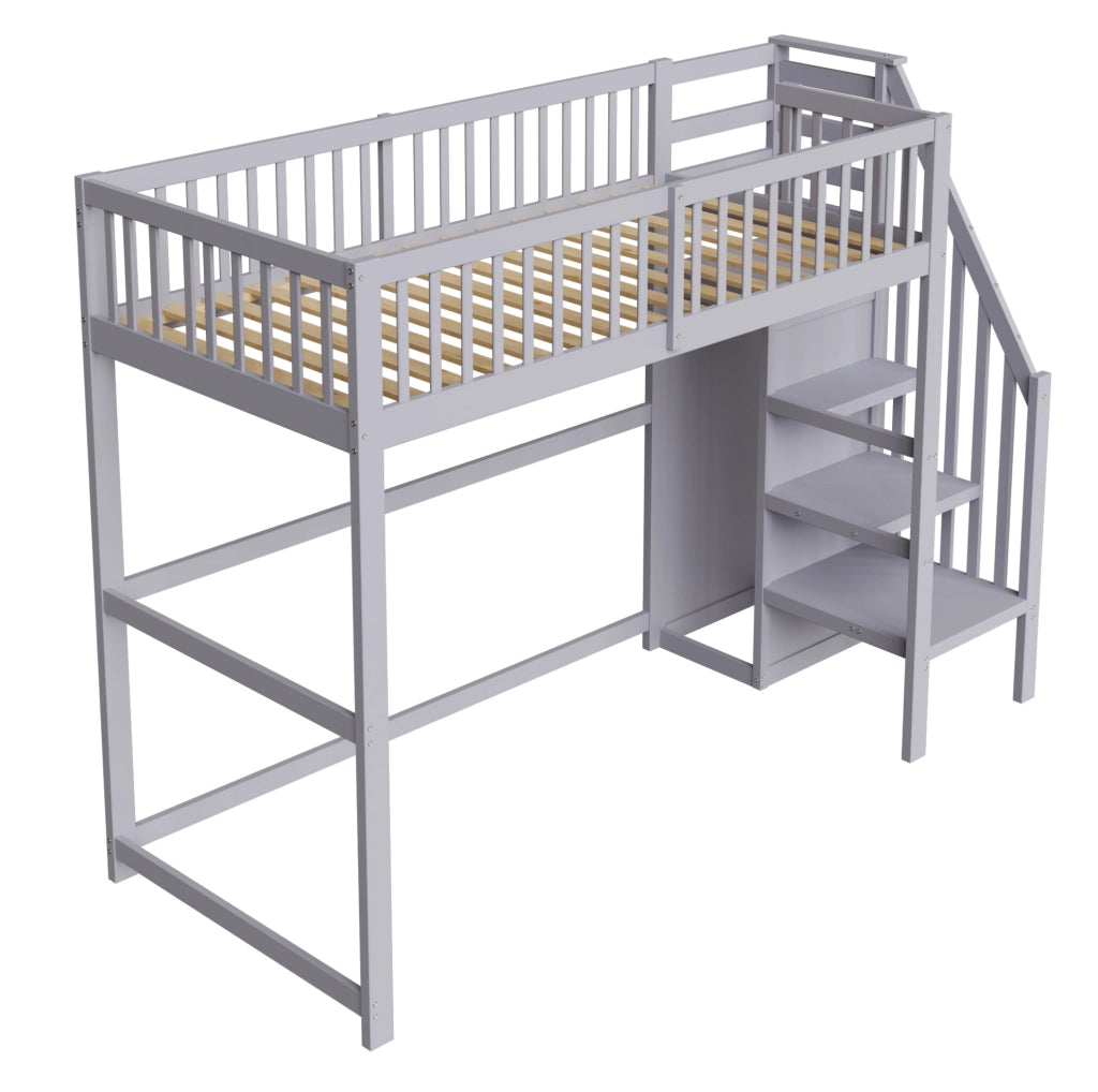 LETTO A CASTELLO 90x200 cm in legno grigio con scala e armadietto