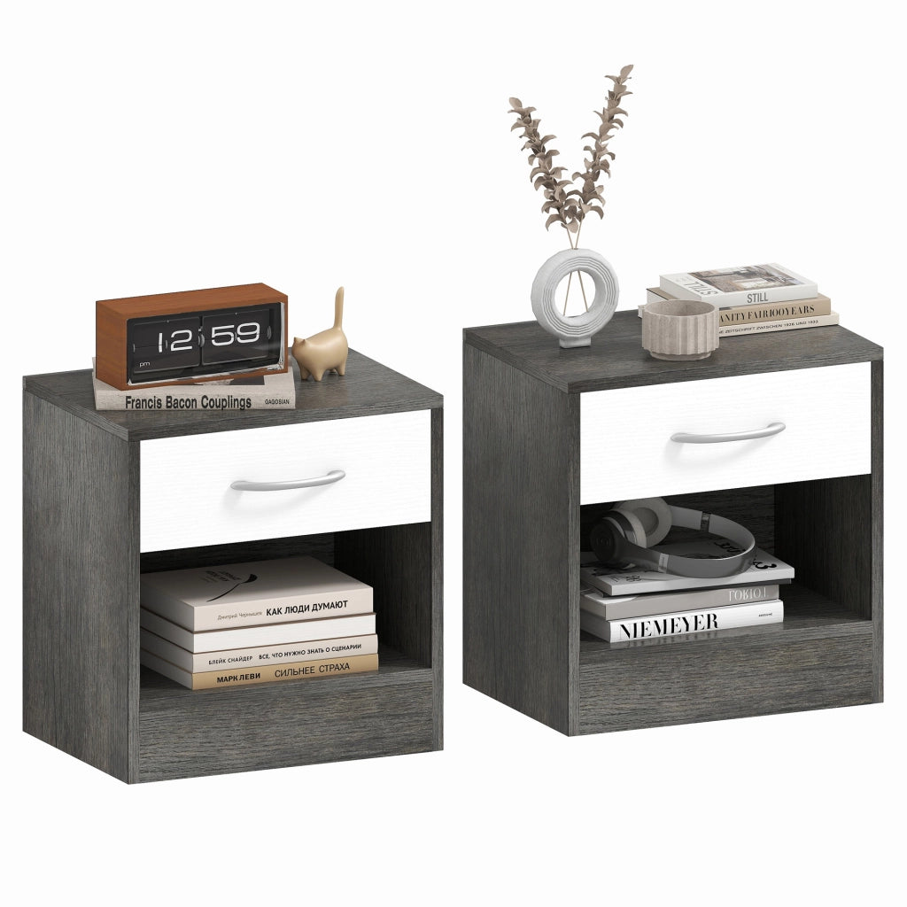 Set 2 Comodini Moderni con Ripiano Aperto e Cassetto, in Legno, 39x28x41 cm, Bianco e Grigio Scuro