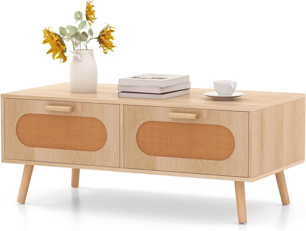 Tavolino da Caffè in Rattan, Tavolino Moderno con 2 Cassetti e Compartimento Posteriore e Gambe in Legno Massello, Tavolo Rettangolare da Salotto e Ufficio