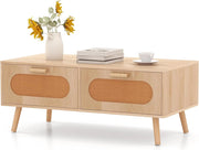 Tavolino da Caffè in Rattan, Tavolino Moderno con 2 Cassetti e Compartimento Posteriore e Gambe in Legno Massello, Tavolo Rettangolare da Salotto e Ufficio