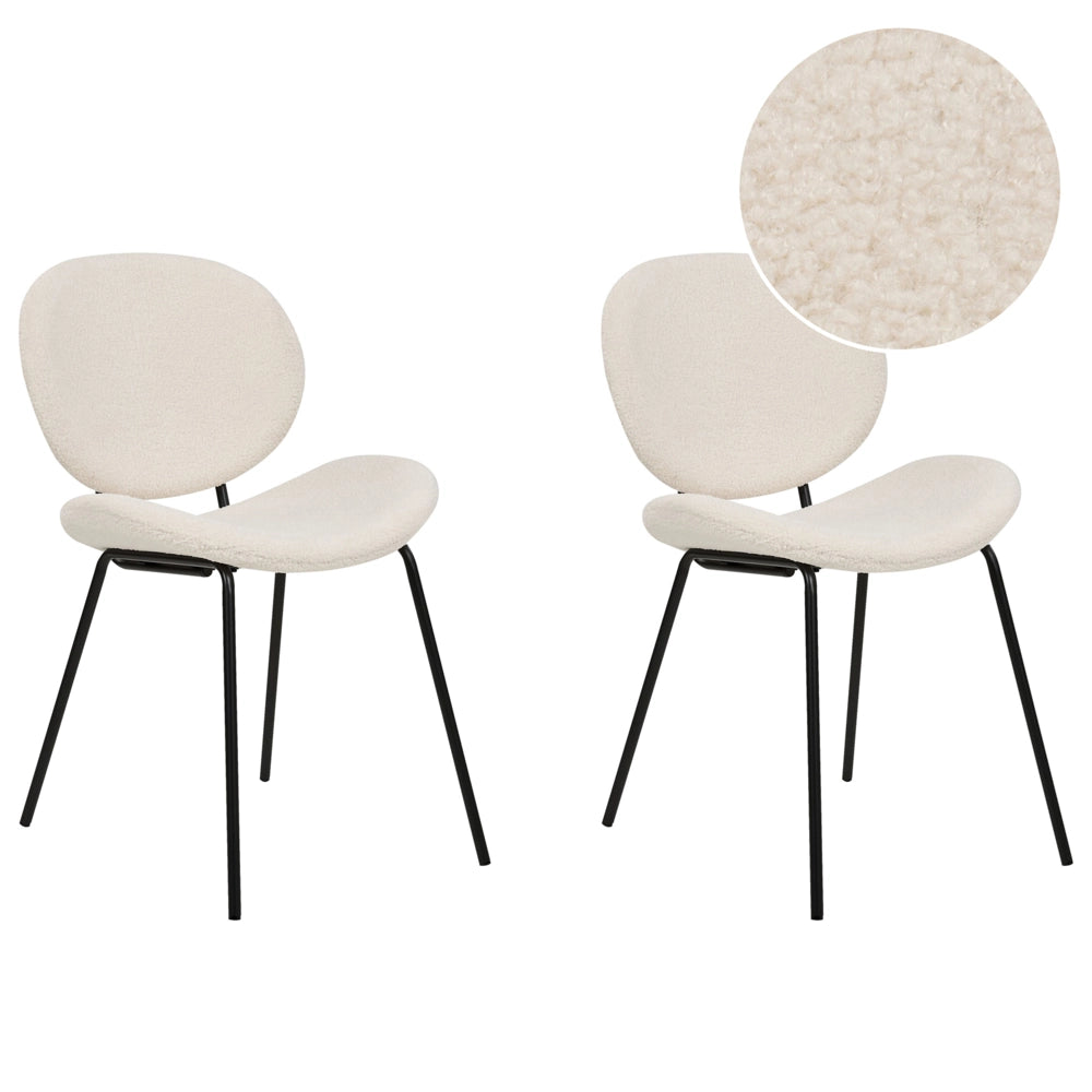 Set di 2 sedie da pranzo Bianche con gambe senza braccioli Bouclè PU Gambe in ferro nero Design contemporaneo e retrò Sedute per la sala da pranzo