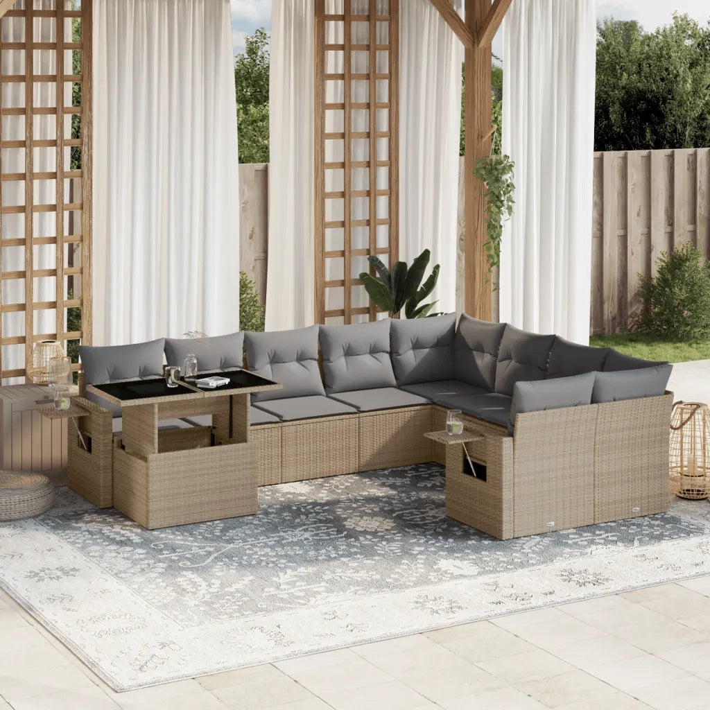 Set Divano da Giardino 10 pz con Cuscini Beige in Polyrattan
