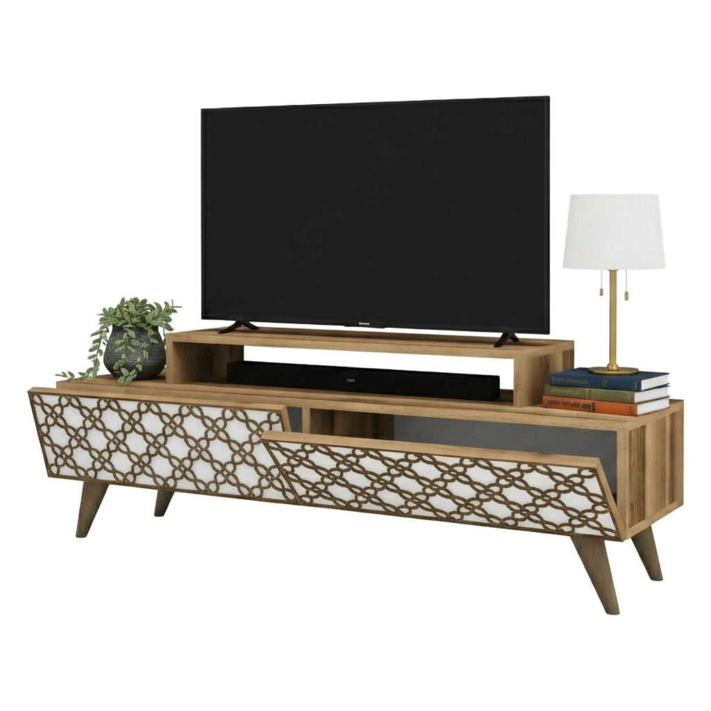 Mobile porta TV Arnara, Credenza da soggiorno, Armadio basso per TV, Base parete attrezzata, 140x42h49 cm, Noce e Bianco