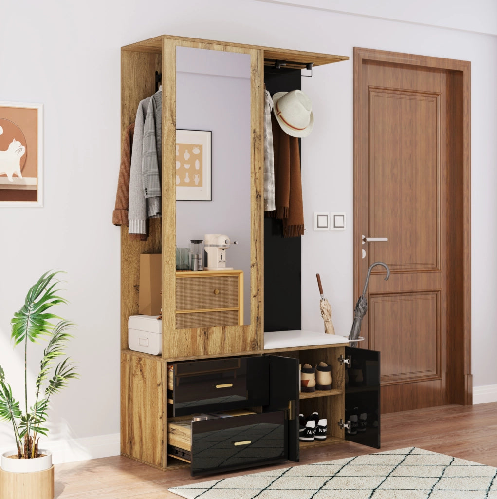 Mobile ingresso compatto nero e legno con specchio, attaccapanni estraibile, panca e scaffale porta scarpe