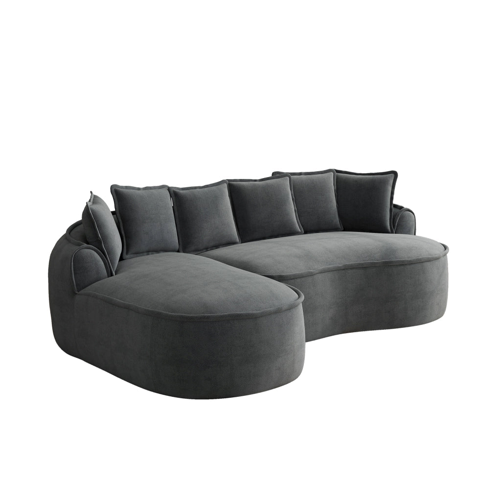 Divano modulare convertibile con chaise longue; seduta profonda; braccioli larghi; cuscini; ciniglia grigio
