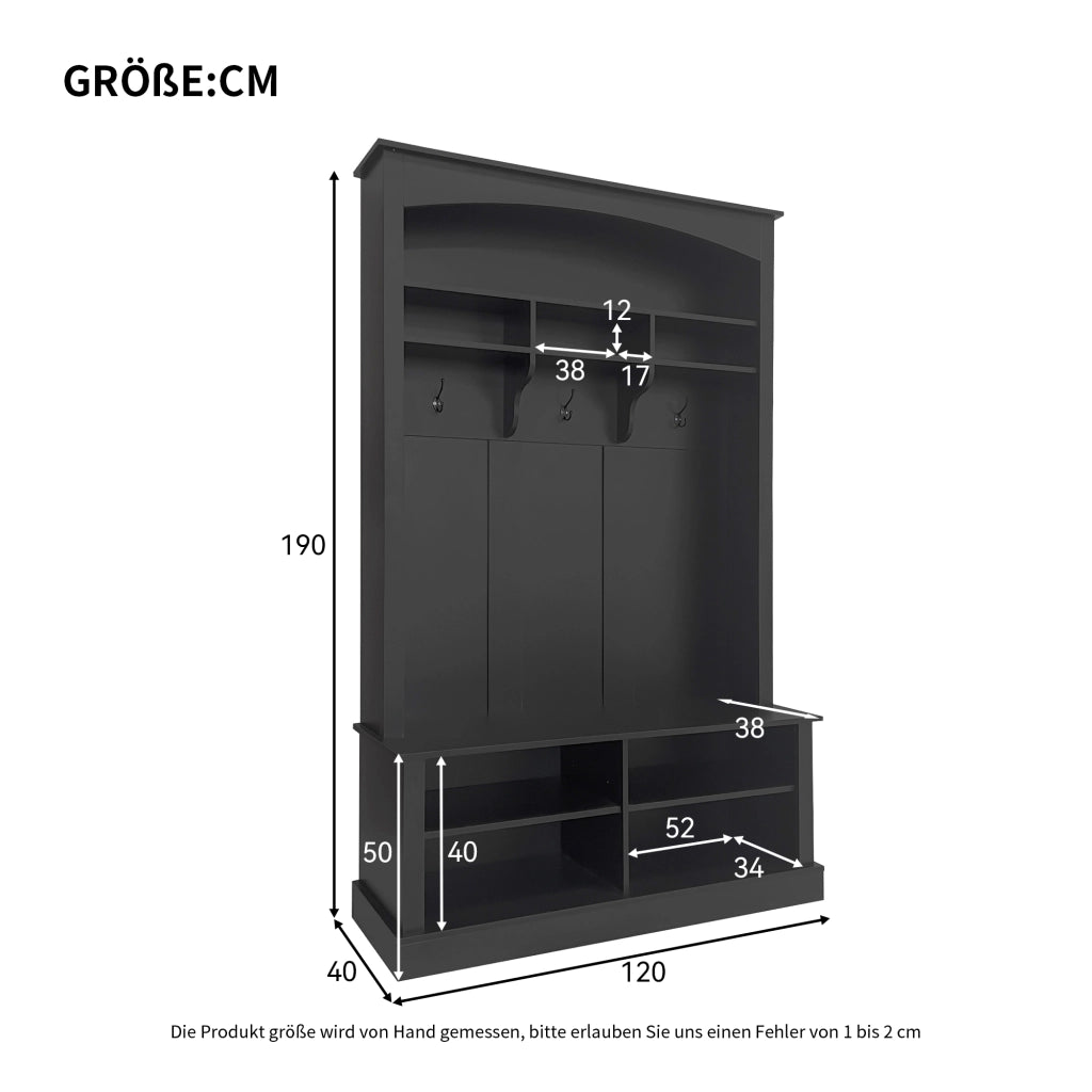 OKWISH Mobile da ingresso con panca, 3 ganci, 4 ripiani aperti e 2 ripiani regolabili, nero, 120×40×190 cm